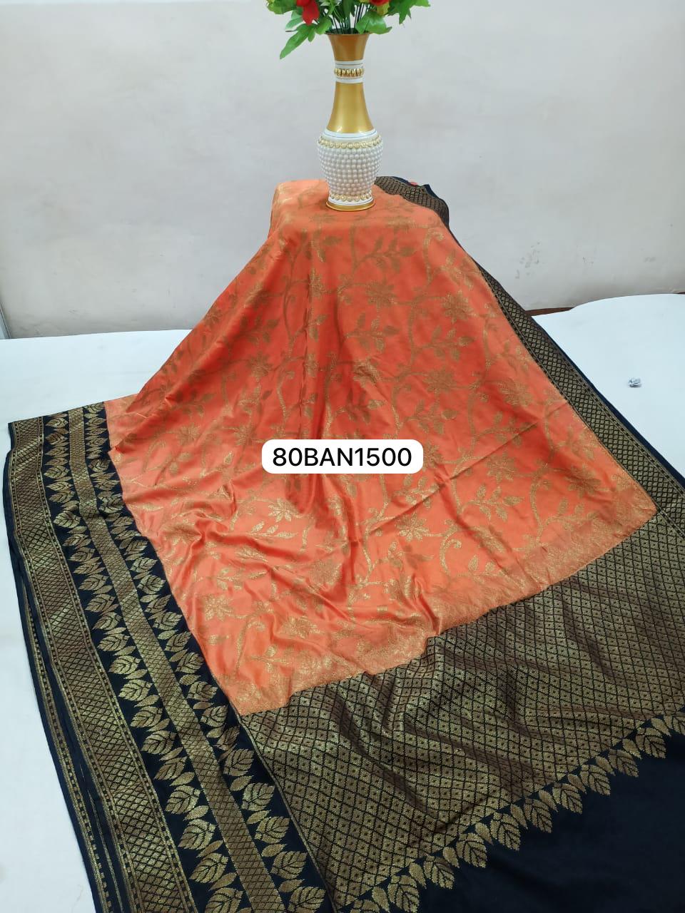 Orange Black- Banarasi Semi Dupion Silk Saree
