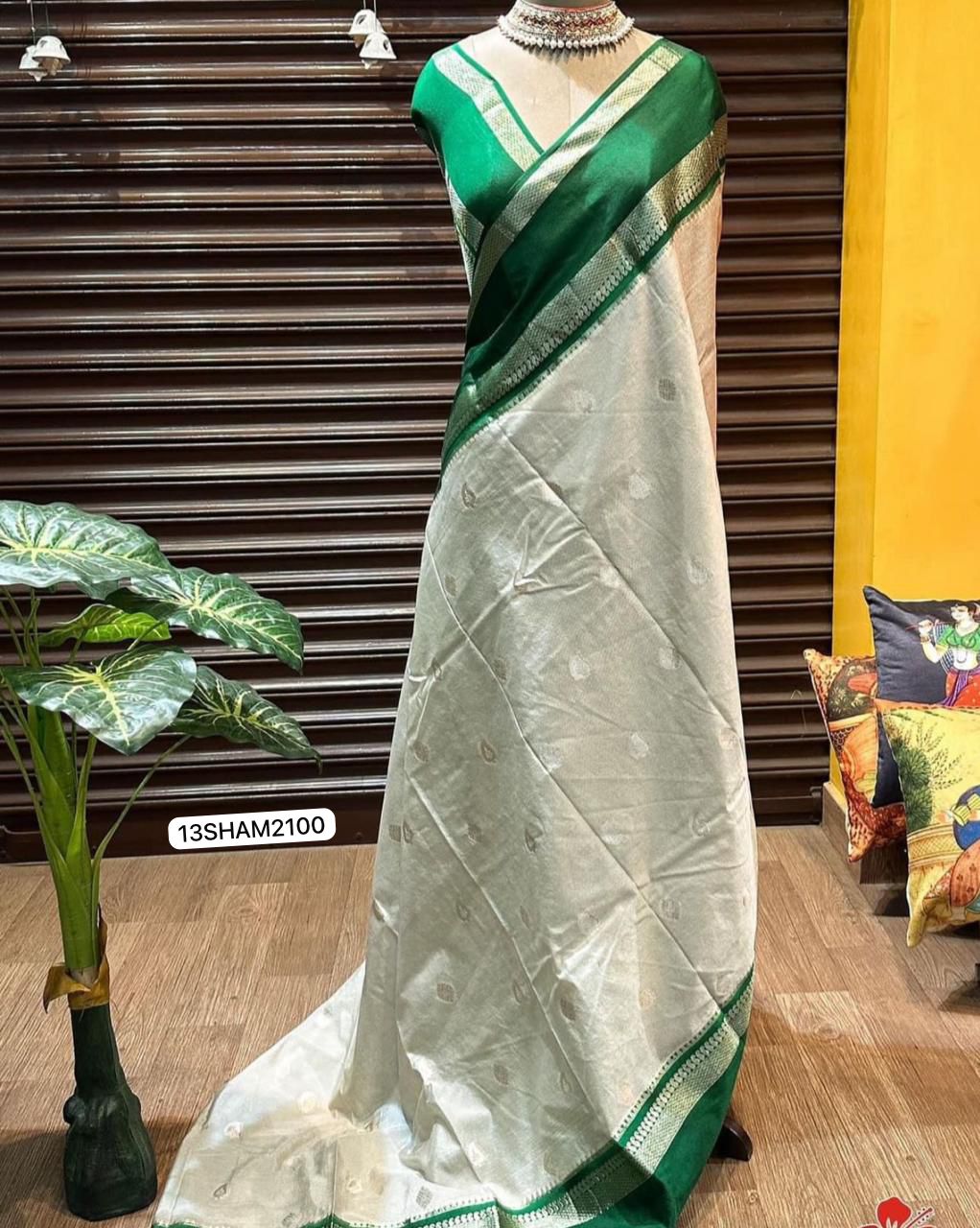 White with Green Border- Handwoven Banarasi Warm Silk Saree