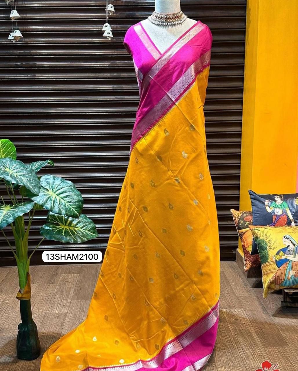 Yellow with Pink Border- Handwoven Banarasi Warm Silk Saree