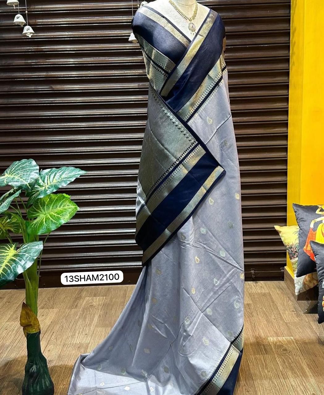 Grey Saree with Royal Blue Border- Handwoven Banarasi Warm Silk Saree