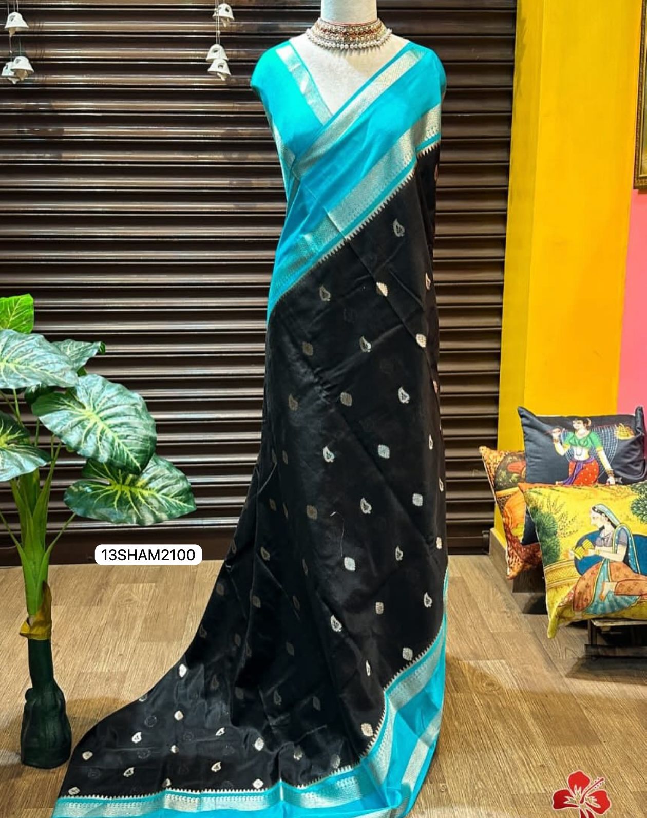 Black Saree with Blue Border- Handwoven Banarasi Warm Silk Saree