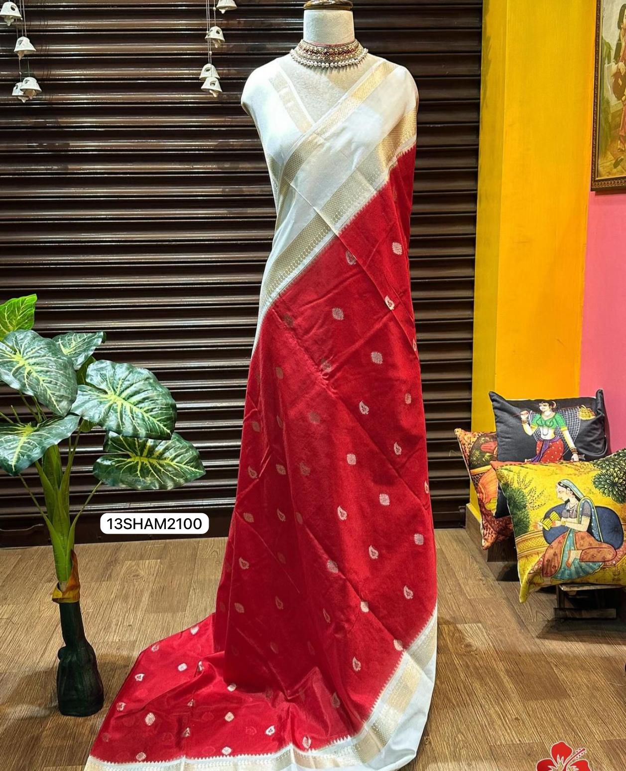 Red saree with White Border- Handwoven Banarasi Warm Silk Saree