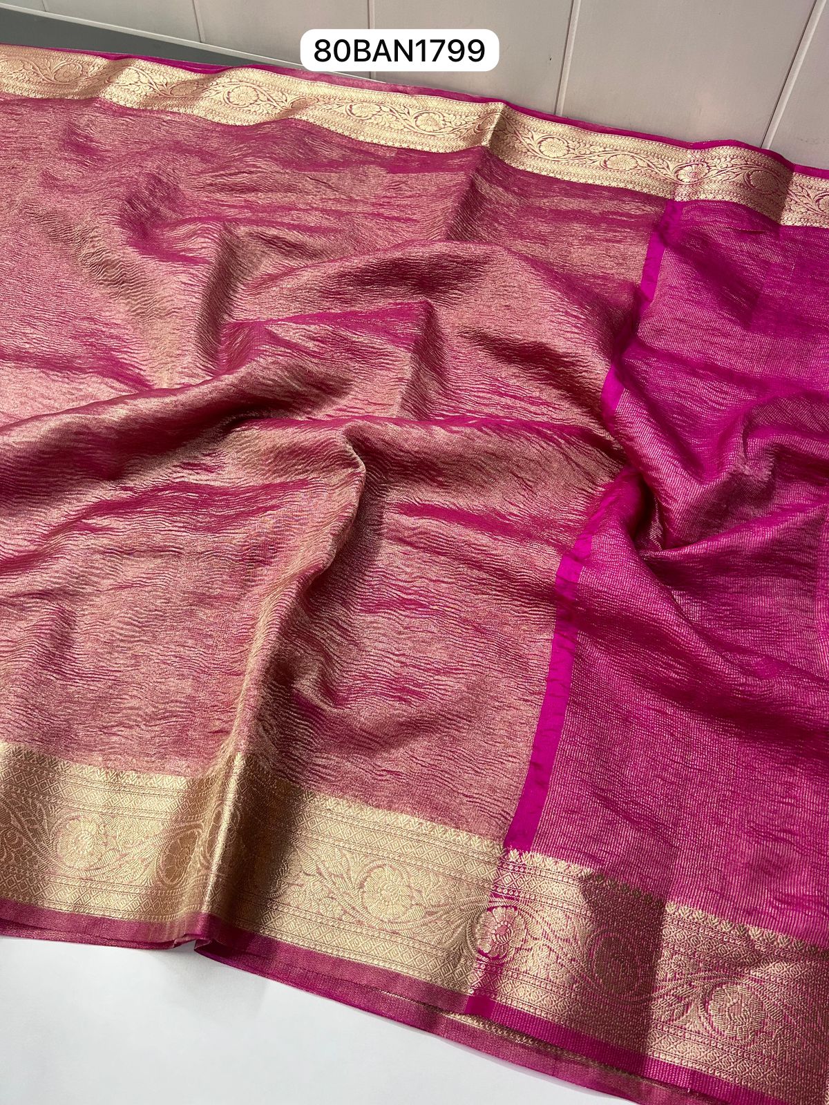Pink- Tissue Crush Soft Silk Saree