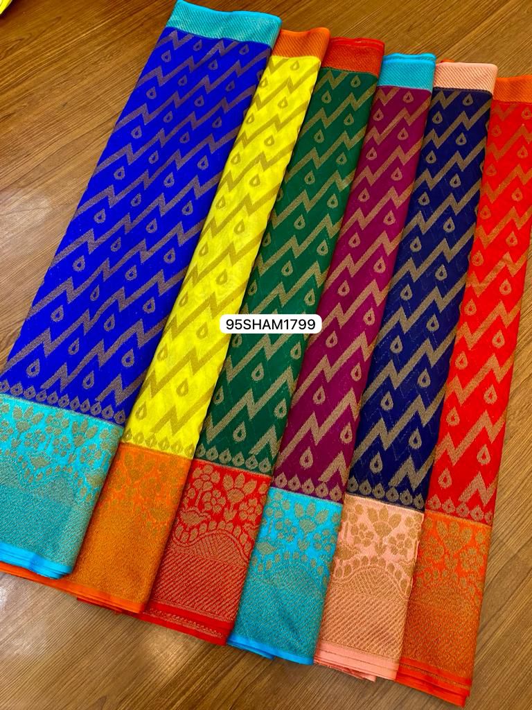 Yellow & Orange- Handwoven Banarasi Dyeble Semi Dupian Silk Saree