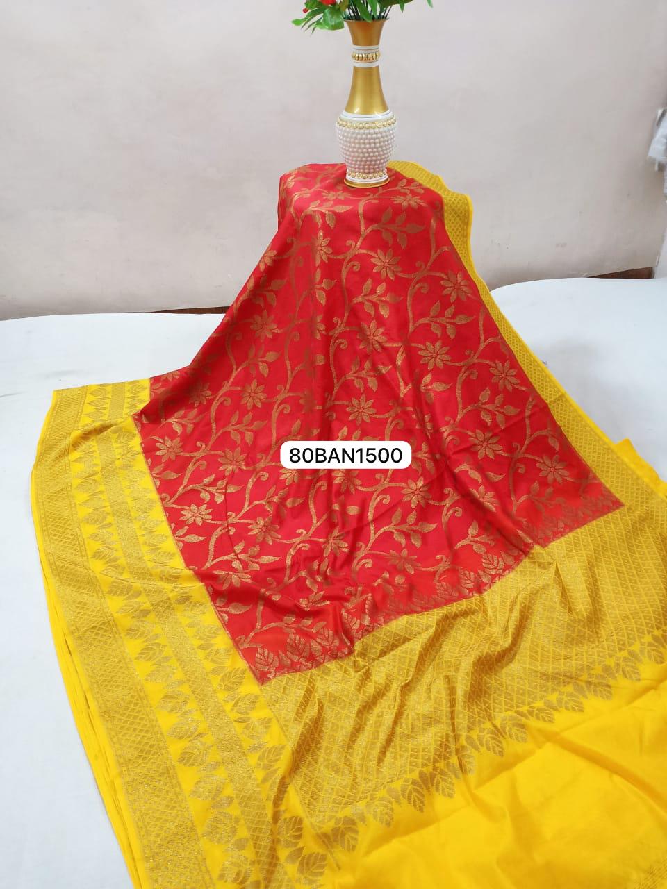 Red Yellow- Banarasi Semi Dupion Silk Saree