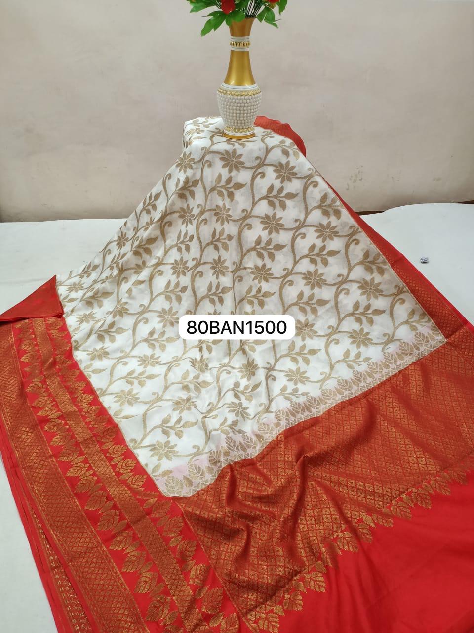 White Red- Banarasi Semi Dupion Silk Saree