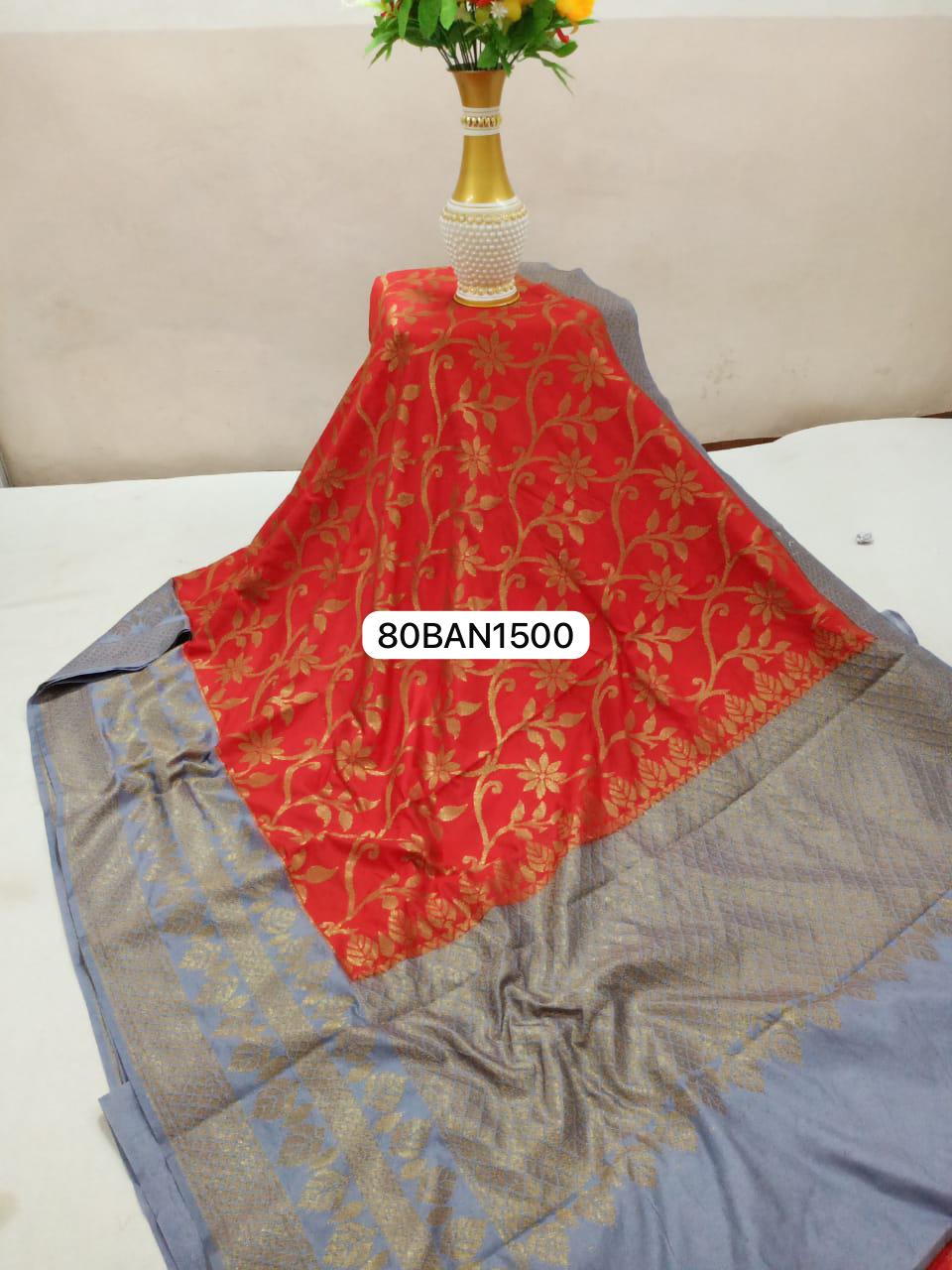 Red Grey- Banarasi Semi Dupion Silk Saree