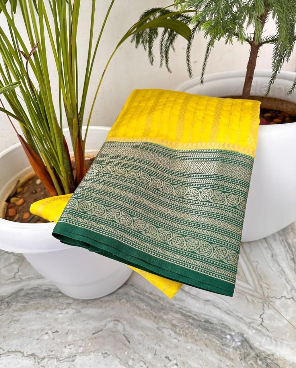 Yellow & Green- Banarasi Chiniya Silk Saree