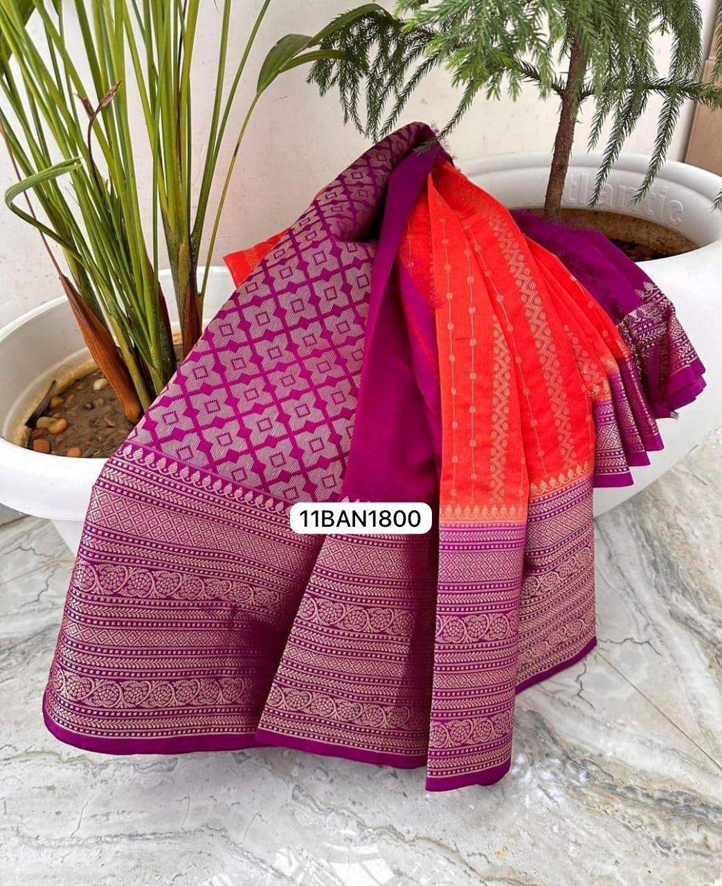 Magenta & Red- Banarasi Chiniya Silk Saree