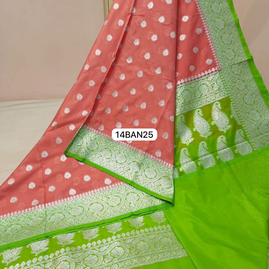 Orange & Green- Banarasi Georgette Katan Silk Saree
