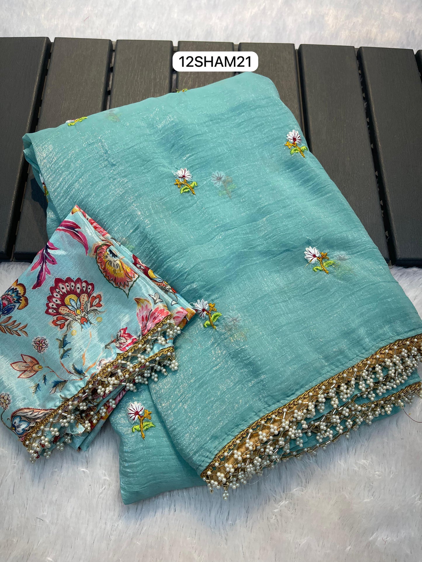 Light Blue- Chiffon Crush Saree