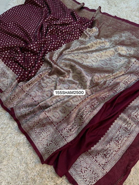 Maroon- Handwoven Banarasi Dyeble Katan Georgette Saree