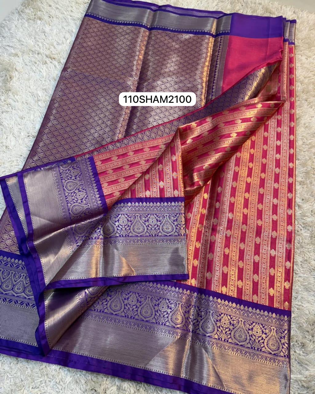 Pink & Violet- Handwoven Banarasi Semi Katan Saree