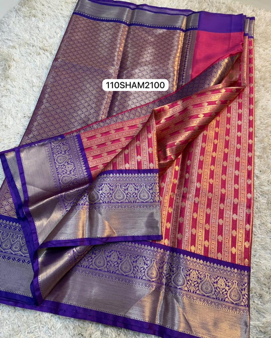 Pink & Violet- Handwoven Banarasi Semi Katan Saree
