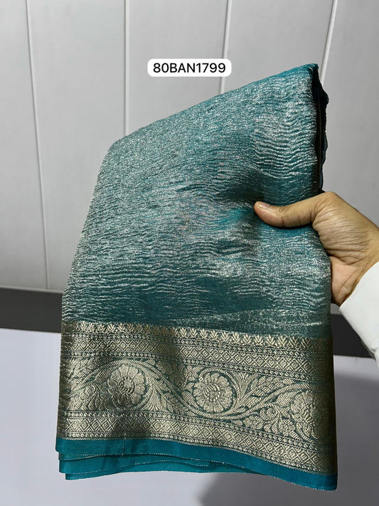 Teal Green- Tissue Crush Soft Silk Saree