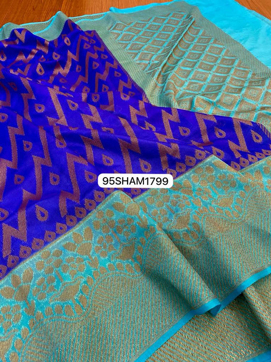 Violet & Teal Green- Handwoven Banarasi Dyeble Semi Dupian Silk Saree