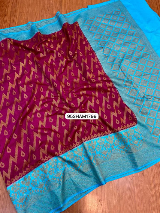 Maroon & Blue- Handwoven Banarasi Dyeble Semi Dupian Silk Saree