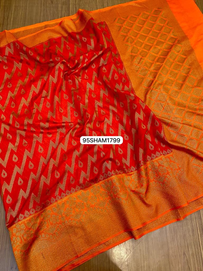 Red & Orange- Handwoven Banarasi Dyeble Semi Dupian Silk Saree