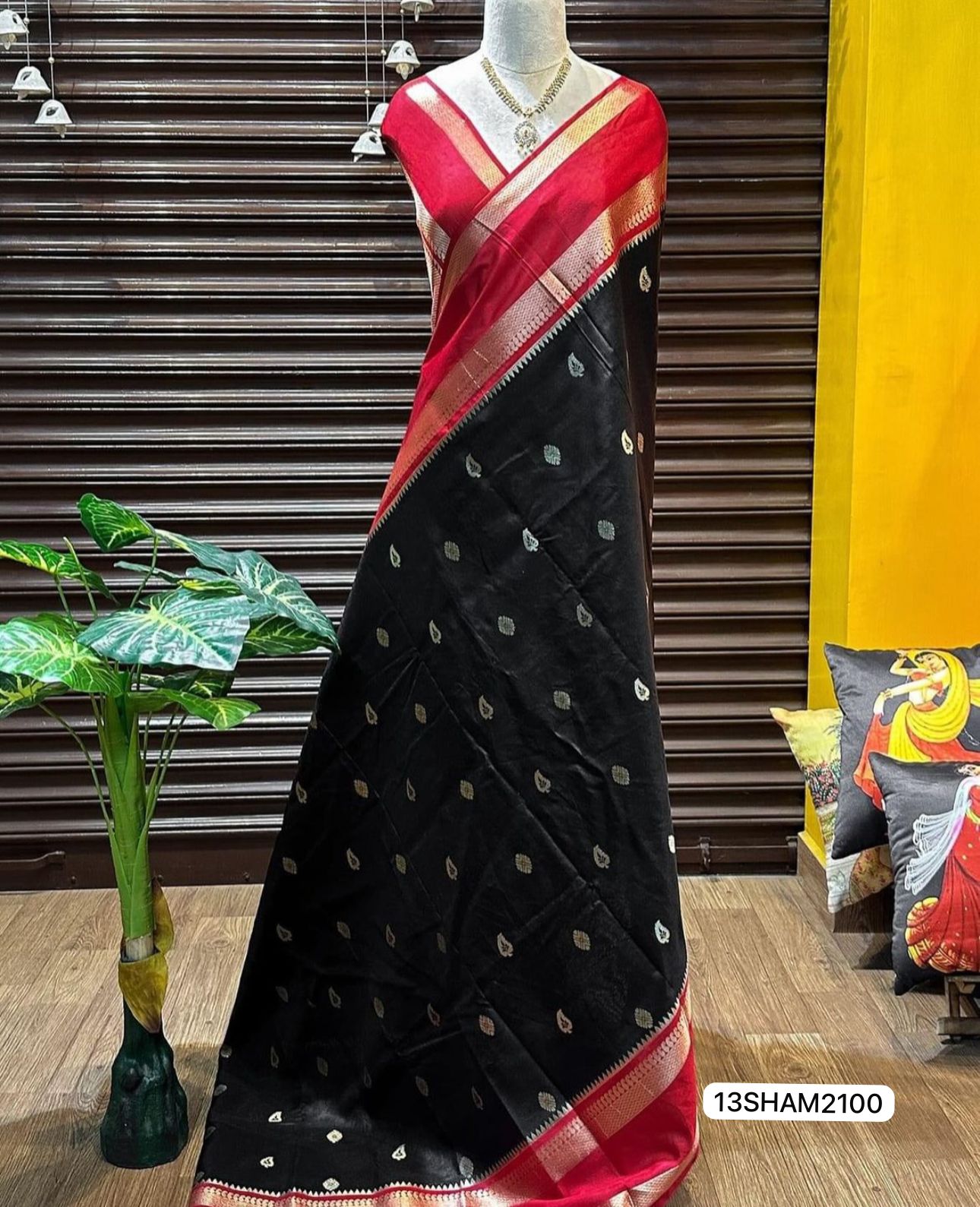 Black Saree with Red Border- Handwoven Banarasi Warm Silk Saree