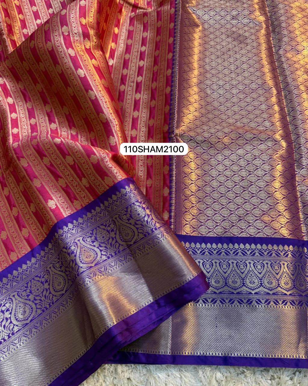 Pink & Violet- Handwoven Banarasi Semi Katan Saree