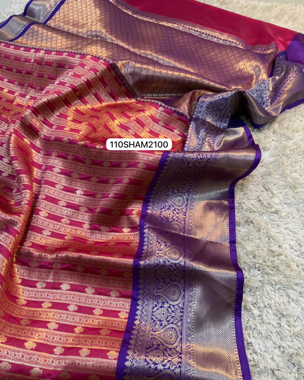 Pink & Violet- Handwoven Banarasi Semi Katan Saree