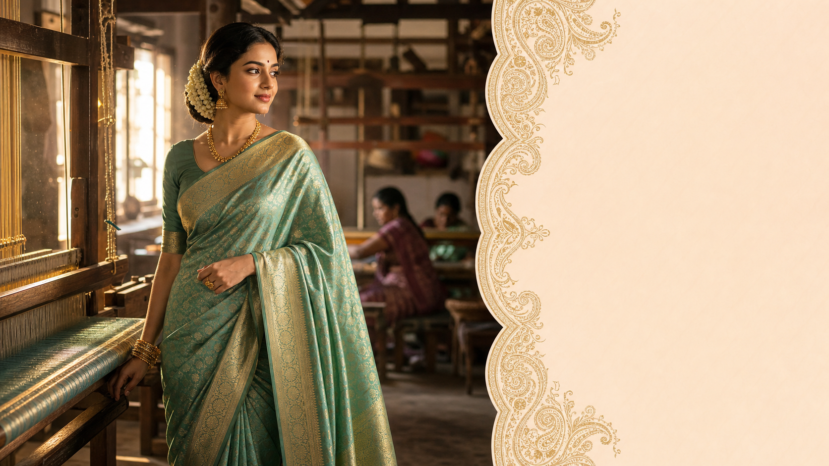 Woman in a sea green Banarasi silk saree beside a traditional handloom in a weaving workshop