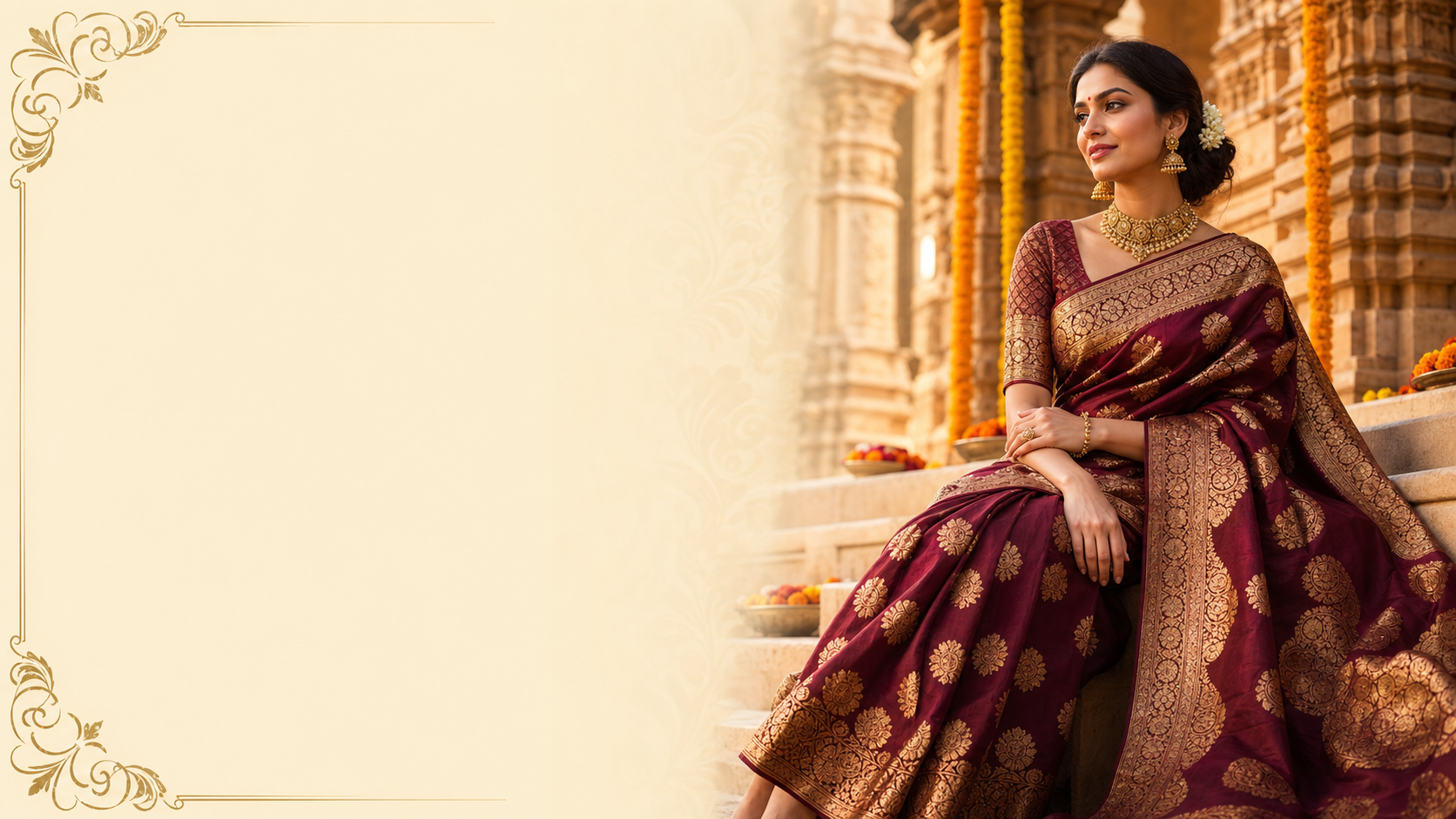 Woman in a maroon and gold zari handwoven Banarasi silk saree seated on temple steps it should fit in mobile users
