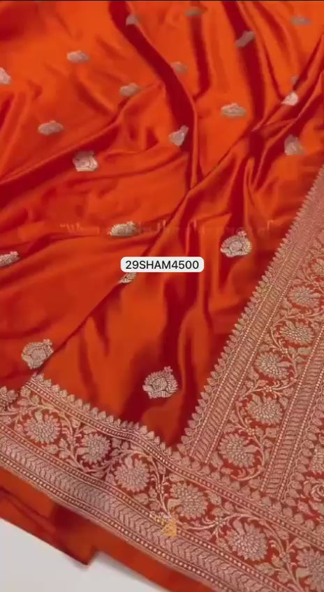 Orange- Banarasi Khaddi Mashru Katan Pure Silk Sarees